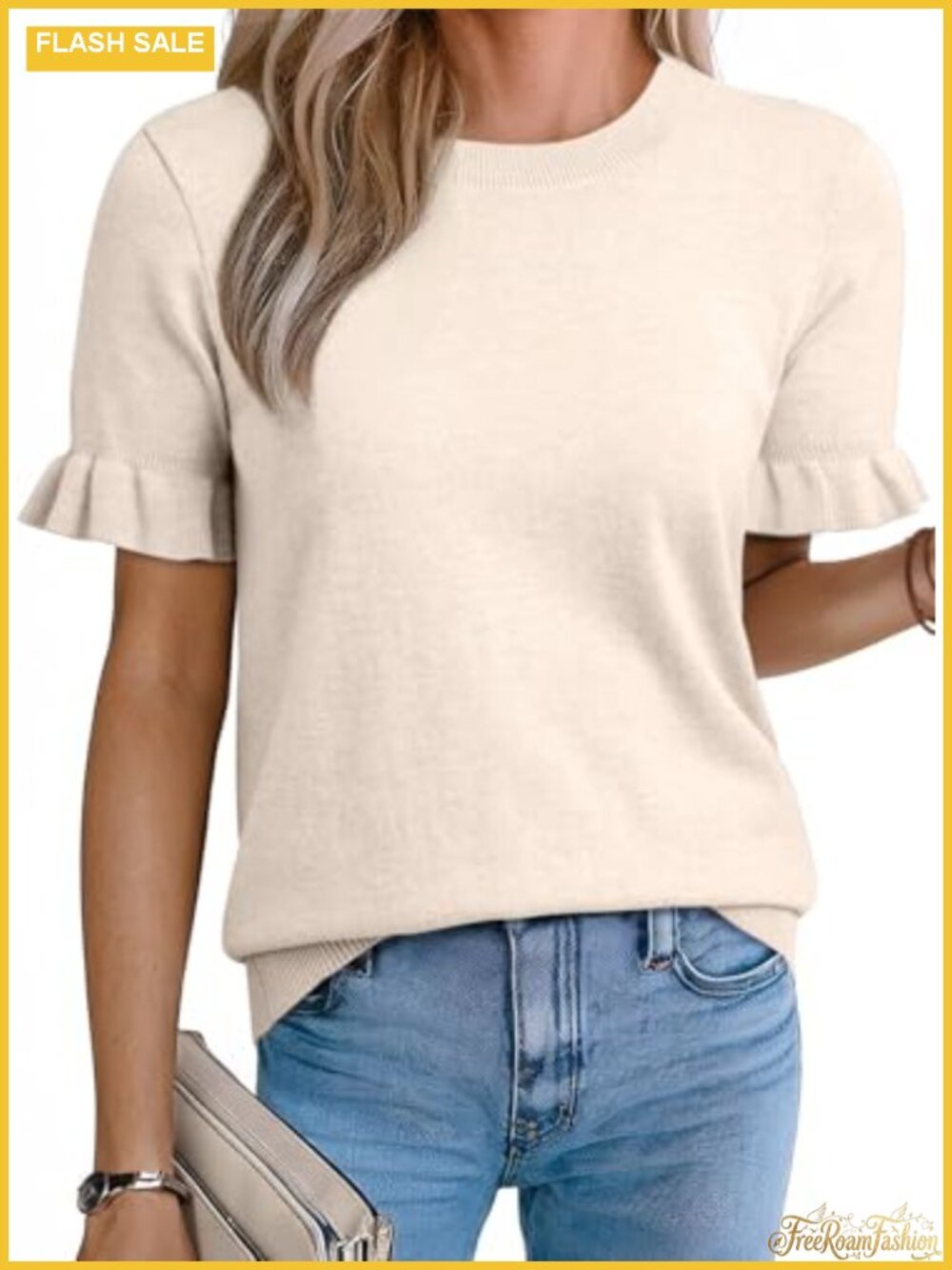 Wool Blend Short Sleeve Crew Neck Puff Sleeve Knit Sweater Top